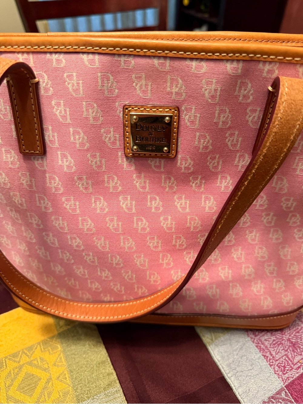 Dooney & Bourke Pink Signature Canvas Shoulder Tote with Tan Leather Trim